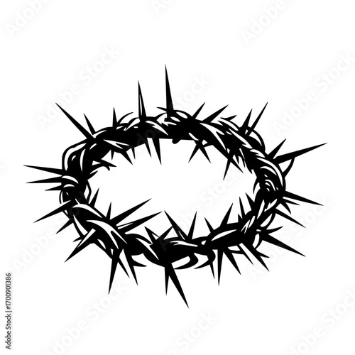 Crown of thorns silhouette circle of sharp spikes, passion of Christ religious symbol vector illustration icon