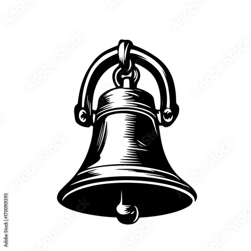 Vintage church bell silhouette with hanging clapper, ceremonial ringing chime vector illustration icon