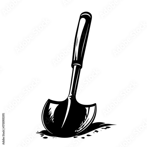 Garden spade shovel silhouette stuck in soil mound, landscaping tool vector illustration icon
