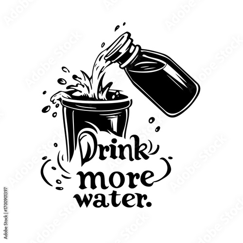 'Drink more water' lettering with splash illustration silhouette, motivational hydration quote vector icon