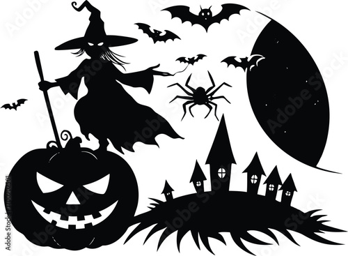 silhouette of a witch on a pumpkin with bats and a spider against a large moon, isolated on white background