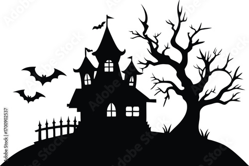 silhouette of a haunted house with bats and a fence on a hill, isolated on white background