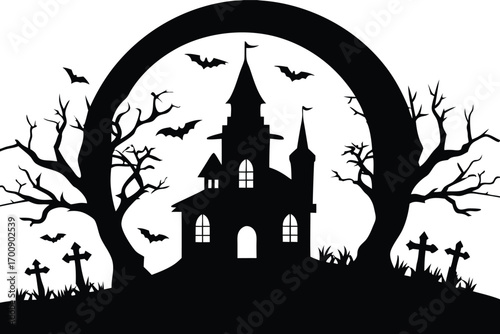 silhouette of a haunted house framed by trees and an arch, with bats and crosses, isolated on white background
