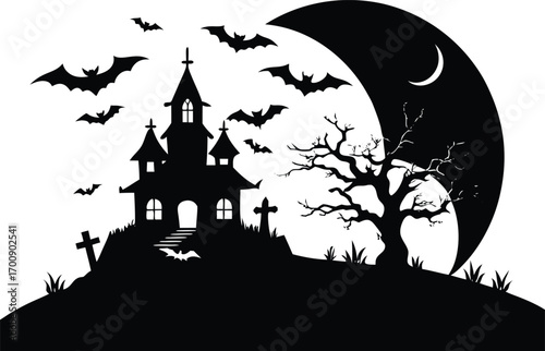 creepy haunted house silhouette with a graveyard, bats, and a crescent moon on a hill, isolated on white background