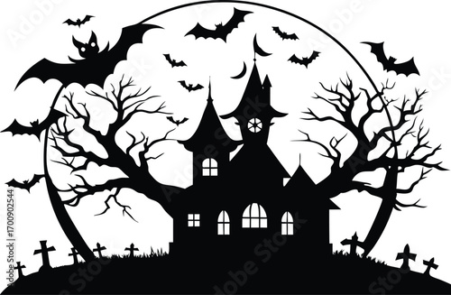 silhouette of a spooky haunted castle on a hill with a crescent moon and bats flying, isolated on white background