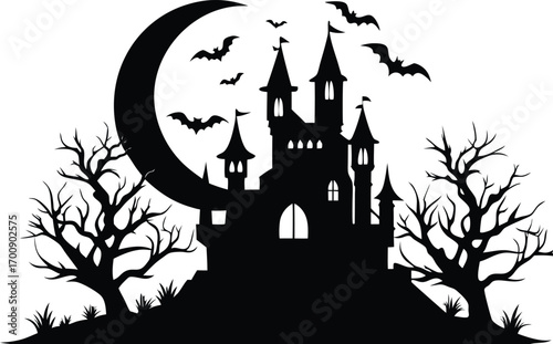 Photo of silhouette of a spooky haunted castle with a large crescent moon and bats flying in the night sky, isolated on white background
