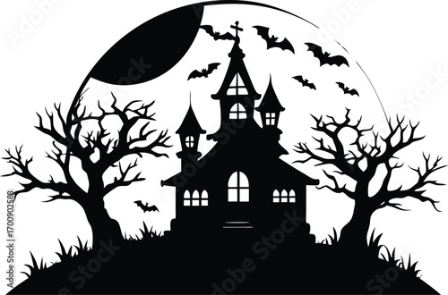 silhouette of a haunted castle with bats flying in front of a crescent moon and a fence on a white background