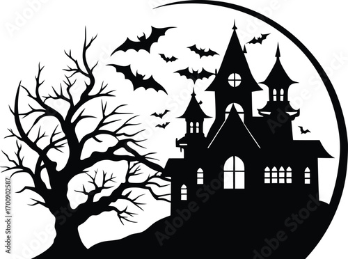 Photo of silhouette of a haunted castle with bats flying in front of a large crescent moon on a white background