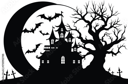halloween silhouette of a haunted house, gnarled tree, bats, and gravestones against a white background