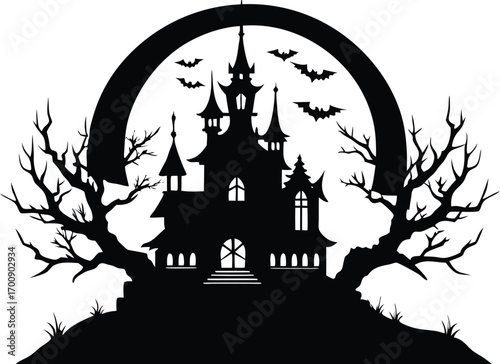 Photo of oval silhouette of a haunted castle with bats and a bare tree, isolated on white background