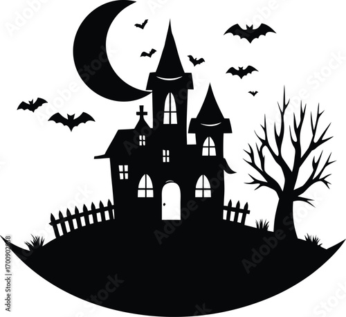 Photo of silhouette of a haunted house, spooky tree, bats, and a crescent moon with a fence, isolated on white background