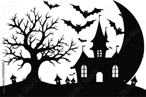 creepy haunted castle silhouette with a large crescent moon and flying bats, isolated on white background