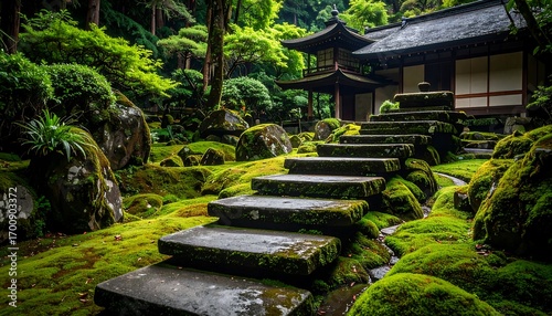 Walking Steps in a Japanese Garden Landscape with Moss and Lush Greenery