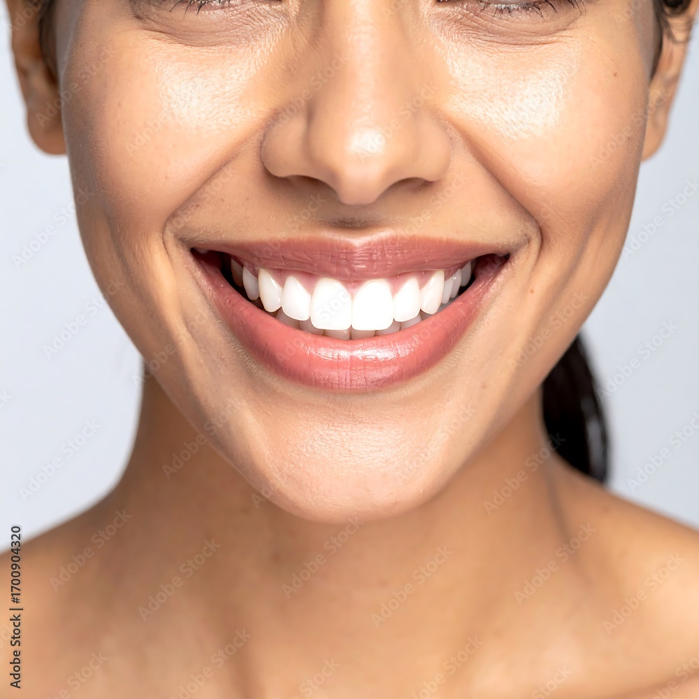 Obraz premium Close-up of a smiling person's face, showcasing healthy, bright white teeth and natural complexion.