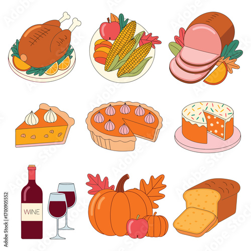 Thanksgiving Feast Illustration Turkey, Ham, Pie, and Autumn Harvest Elements for a Festive Celebration