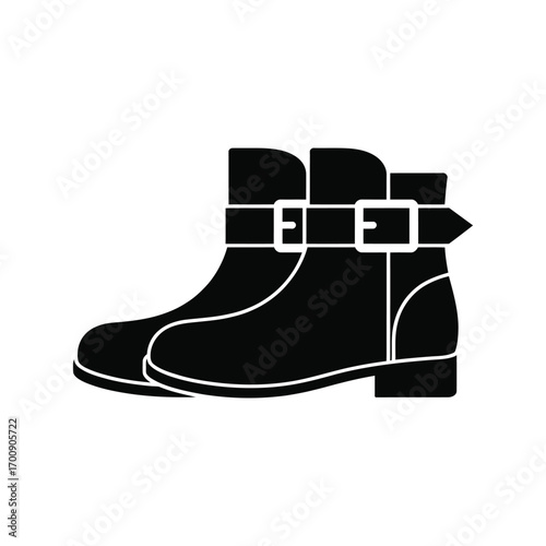Elegant pair of black ankle boots, featuring stylish buckles, presented as a crisp vector illustration—a versatile graphic asset for fashion design, apparel merchandising, or digital style guides