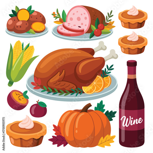 A delightful and abundant assortment of traditional autumn harvest foods, perfect for celebrating Thanksgiving and holiday feasts with family and friends