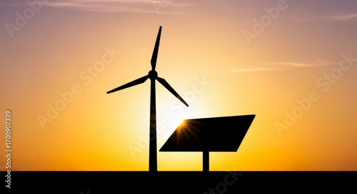 Silhouette of a wind turbine and solar panel against a vibrant sunset sky at dusk creating a serene scene created with generative ai