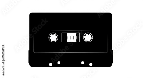 Illustration of a black audio cassette tape with reels and a label on a white background plain design created with generative ai