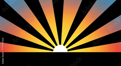 Illustration of a sunburst with gradient colors and a white sun against a black background scene created with generative ai