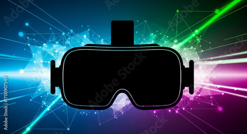 Silhouette of vr headset against a vibrant background with geometric shapes and light streaks effect created with generative ai