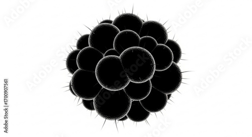 Spherical cluster of dark orbs with small spikes radiating outwards on a stark white background created with generative ai