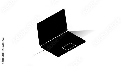 Isometric view of a black laptop with a rectangular trackpad and a subtle shadow on a white background created with generative ai