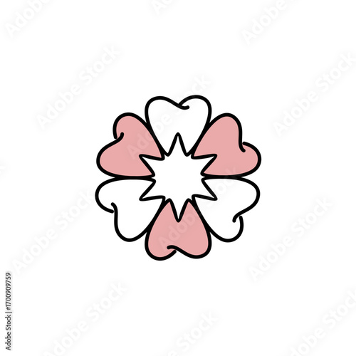 Creative dental flower logo with tooth-shaped petals in white and pink, symbolizing care, beauty, and harmony in dentistry