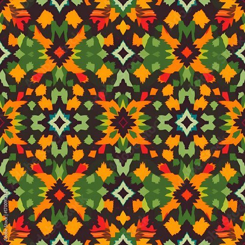 Colorful ikat pattern in vintage style. Elegant ethnic background. Hand drawn oriental art. Seamless geometric vintage texture.