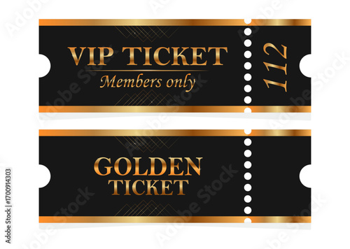 VIP tickets with the inscription VIP on a noble black background with gold elements. VIP ticket template with front and back sides. Laconic design