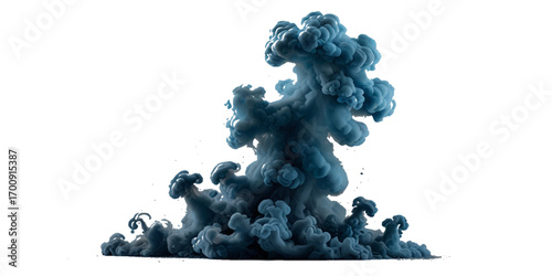 striking image of deep blue ink dispersing and creating swirling, cloud-like shapes against a plain transparent background. Dramatic Deep Blue Ink Dispersion Against transparent Background