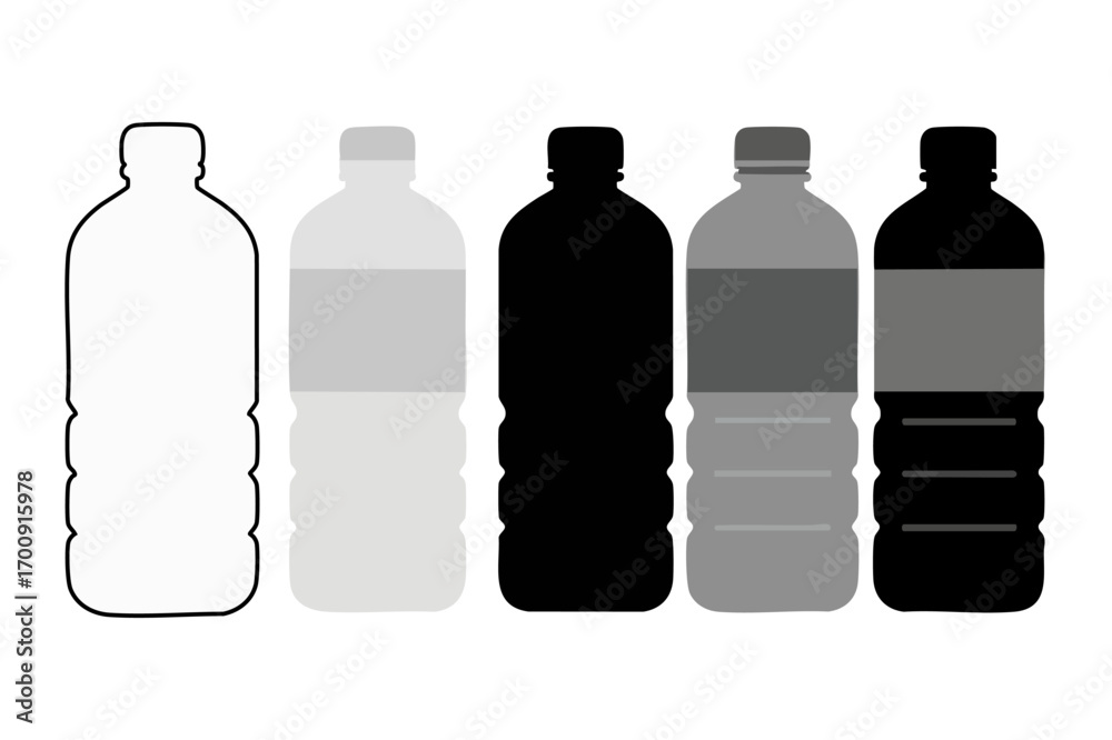 plastic bottle black white icon vector design illustration set conjunto de ilustraciones vectoriales de iconos en blanco y negro de botellas de plástico ensemble d'illustrations vectorielles