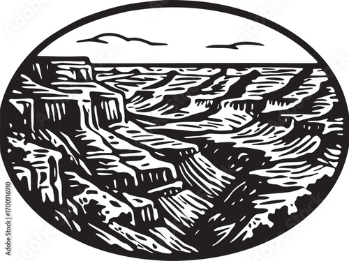 Linocut black and white etching of Grand Canyon Arizona USA dramatic rim rock formation national park vector heritage travel symbol