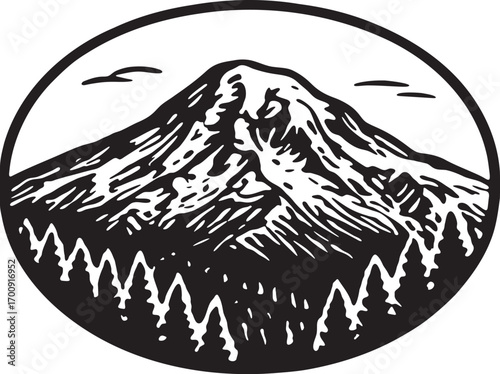 Linocut black and white etching of Mount Rainier Washington USA snow peak national park vector design heritage tourism symbol