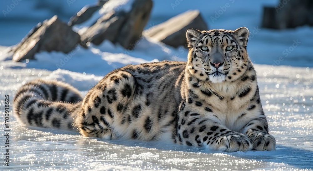 Fototapeta premium A majestic snow leopard rests on a snow-covered ground, its thick fur and spotted coat blending with the wintry landscape.