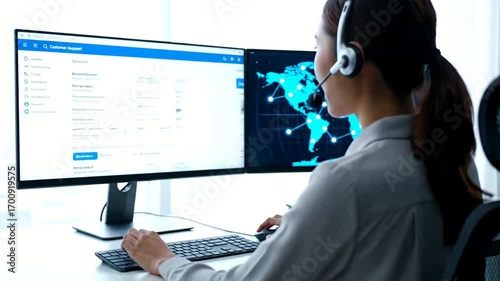 Female call center operator with a headset working on a dual-screen computer displaying a world map.