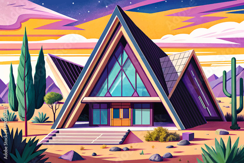 Triangle shaped futuristic villa in desert landscape, sharp geometry blending with modern architecture and innovation