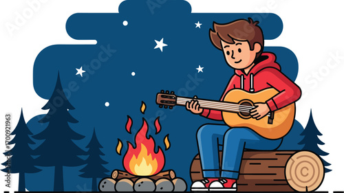 Young man in red hoodie playing an acoustic guitar.