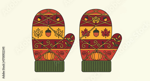 A pair of cozy knitted mittens with a festive autumn pattern.