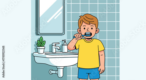 A young boy in a yellow shirt brushing his teeth.