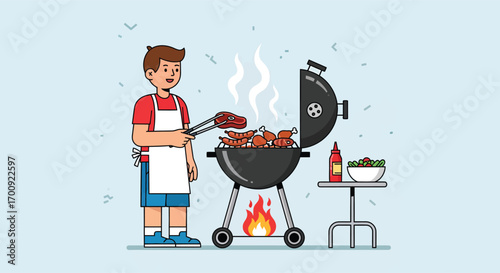 A young man in an apron cooking meat on a barbecue grill.