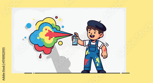 Cartoon Boy Artist with Beret Spray Painting a Colorful Cloud.