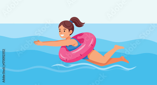 Cartoon girl with a ponytail swimming with a pink inflatable ring.
