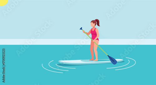 Cartoon illustration of a woman on a stand up paddleboard.