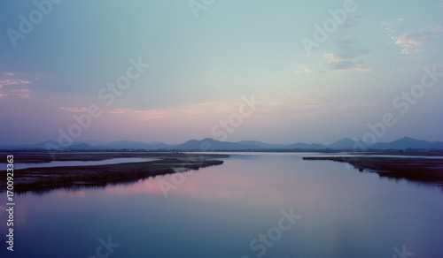 Quiet lake horizon at twilight- bstract minimal nature view
