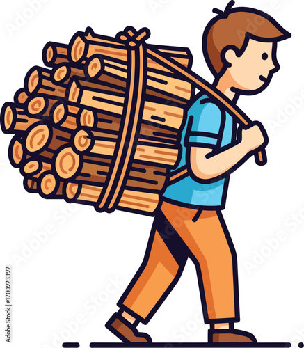 Cartoon illustration of a young man carrying firewood.