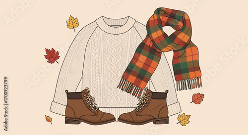 Cozy autumn fashion outfit with sweater scarf and boots.