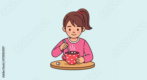Cute cartoon girl stirring a hot drink in a red mug.