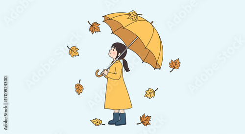 Cute illustrated girl in a yellow raincoat holding an umbrella.