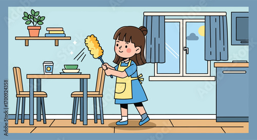 Cute Little Girl in an Apron Cleaning with a Duster.